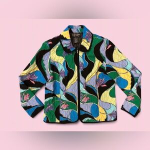 Colorful Abstract Quilted Zip Jacket Statement Vintage Style Womens Size M